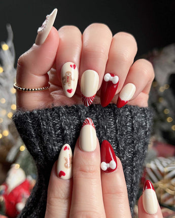 Holy night press-on nail set — Festive Christmas, Gingerbread Man & Hearts. design, hand-painted with real gel polish
