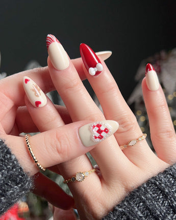 Holy night press-on nails — Festive Christmas, Gingerbread Man & Hearts. handmade nail art by Joyee Nails