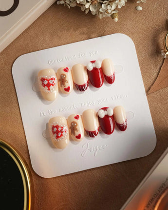 Holy night press-on nails in short oval shape — Festive Christmas, Gingerbread Man & Hearts.