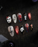 The Phantom press on nails with a white mask, red rose, sheet music, chandelier and gold baroque scrollwork on black and red - image 1