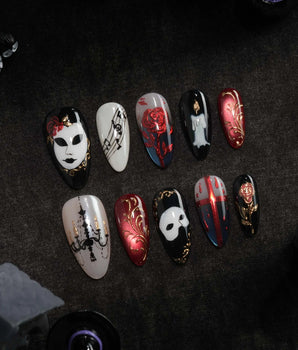 The Phantom press on nails with a white mask, red rose, sheet music, chandelier and gold baroque scrollwork on black and red - image 1