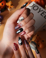 The Phantom press on nails with a white mask, red rose, sheet music, chandelier and gold baroque scrollwork on black and red - image 2
