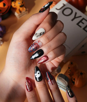 The Phantom press on nails with a white mask, red rose, sheet music, chandelier and gold baroque scrollwork on black and red - image 2