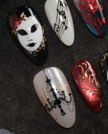 The Phantom press on nails with a white mask, red rose, sheet music, chandelier and gold baroque scrollwork on black and red - image 3