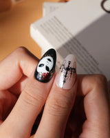 The Phantom press on nails with a white mask, red rose, sheet music, chandelier and gold baroque scrollwork on black and red - image 4