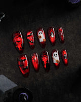 Blood Moon press on nails with black bats, bare trees, a ghost holding a pumpkin and a silver glitter spider on deep red cat eye - image 3