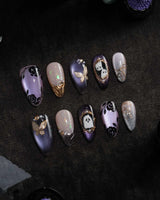 Black Rose Ball press on nails with black roses, a gold butterfly, pearls and a ghost in a gold frame on lilac violet pearl cat eye - image 3