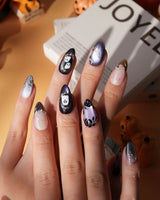 Black Rose Ball press on nails with black roses, a gold butterfly, pearls and a ghost in a gold frame on lilac violet pearl cat eye - image 6
