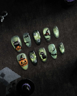 Witch's Cat press-on nails by Joyee Nails