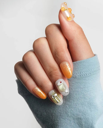 Iced Punch custom press-on nail set with iced tea jelly shine and 3D fruit art