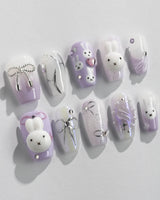 Icy Miffy-Purple press-on nails — Dreamy Purple, 3D Bunny & Silver Wire Bows. handmade nail art by Joyee Nails