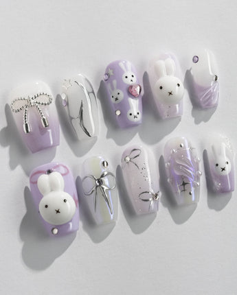 Icy Miffy-Purple press-on nails — Dreamy Purple, 3D Bunny & Silver Wire Bows. handmade nail art by Joyee Nails