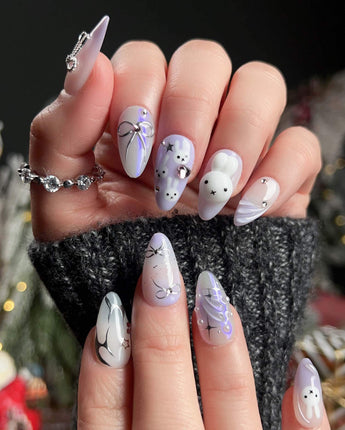 Icy Miffy-Purple nail art close-up showing Dreamy Purple, 3D Bunny & Silver Wire Bows. details
