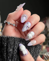 Icy Miffy-Purple press-on nail set — Dreamy Purple, 3D Bunny & Silver Wire Bows. design, hand-painted with real gel polish