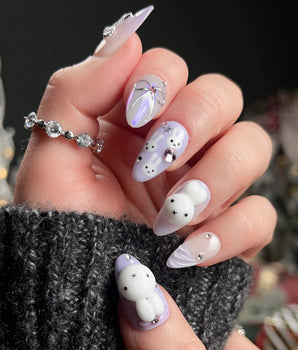 Icy Miffy-Purple press-on nail set — Dreamy Purple, 3D Bunny & Silver Wire Bows. design, hand-painted with real gel polish