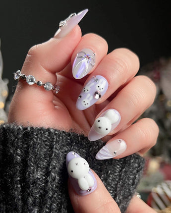 Icy Miffy-Purple press-on nail set — Dreamy Purple, 3D Bunny & Silver Wire Bows. design, hand-painted with real gel polish