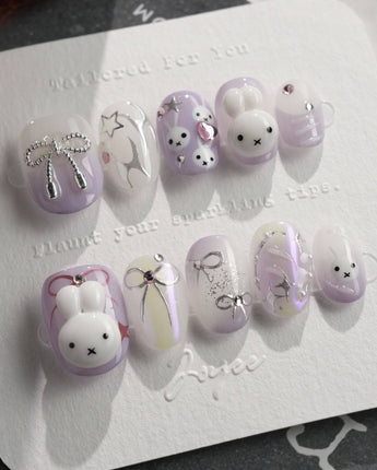 Icy Miffy-Purple press-on nails in extra short oval shape — Dreamy Purple, 3D Bunny & Silver Wire Bows.
