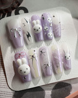 Icy Miffy-Purple press-on nails in long coffin shape — Dreamy Purple, 3D Bunny & Silver Wire Bows.