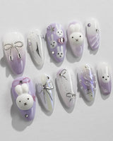 Icy Miffy-Purple press-on nails in medium almond shape — Dreamy Purple, 3D Bunny & Silver Wire Bows.