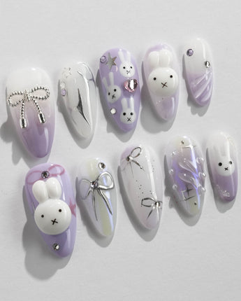 Icy Miffy-Purple press-on nails in medium almond shape — Dreamy Purple, 3D Bunny & Silver Wire Bows.