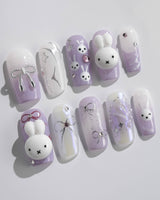 Icy Miffy-Purple press-on nails in medium square shape — Dreamy Purple, 3D Bunny & Silver Wire Bows.
