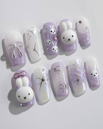 Icy Miffy-Purple press-on nails in medium square shape — Dreamy Purple, 3D Bunny & Silver Wire Bows.