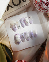 Icy Miffy-Purple handmade press-on nails featuring Dreamy Purple, 3D Bunny & Silver Wire Bows.