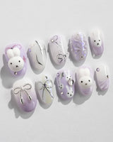 Icy Miffy-Purple press-on nails in short oval shape — Dreamy Purple, 3D Bunny & Silver Wire Bows.