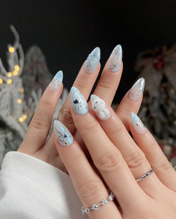 Icy Miffy press-on nails — Fresh Sky Blue, 3D Bunny & Silver Bows. handmade nail art by Joyee Nails