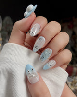 Icy Miffy nail art close-up showing Fresh Sky Blue, 3D Bunny & Silver Bows. details