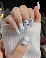Icy Miffy press-on nails — Fresh Sky Blue, 3D Bunny & Silver Bows. handmade nail art by Joyee Nails