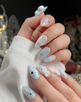 Icy Miffy press-on nail set — Fresh Sky Blue, 3D Bunny & Silver Bows. design, hand-painted with real gel polish