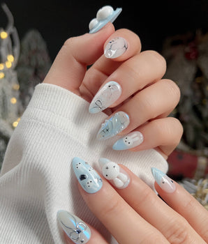 Icy Miffy press-on nail set — Fresh Sky Blue, 3D Bunny & Silver Bows. design, hand-painted with real gel polish