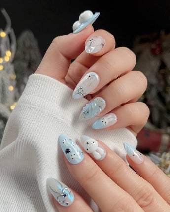 Icy Miffy press-on nail set — Fresh Sky Blue, 3D Bunny & Silver Bows. design, hand-painted with real gel polish