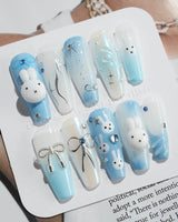 Icy Miffy press-on nails in long coffin shape — Fresh Sky Blue, 3D Bunny & Silver Bows.