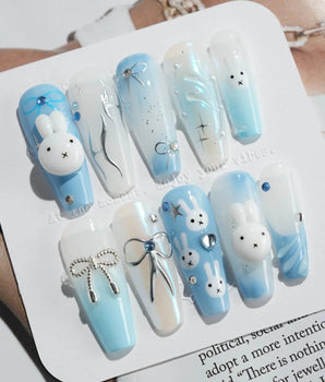 Icy Miffy press-on nails in long coffin shape — Fresh Sky Blue, 3D Bunny & Silver Bows.