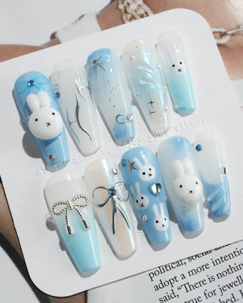 Icy Miffy press-on nails in long coffin shape — Fresh Sky Blue, 3D Bunny & Silver Bows.