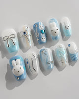 Icy Miffy press-on nails in short coffin shape — Fresh Sky Blue, 3D Bunny & Silver Bows.