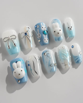 Icy Miffy press-on nails in short coffin shape — Fresh Sky Blue, 3D Bunny & Silver Bows.