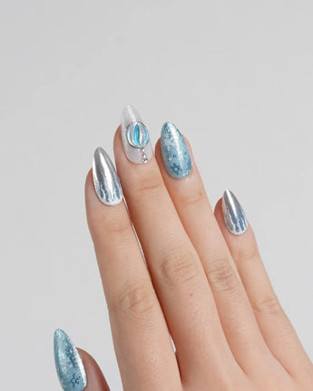 Frozen Dream press-on nails — ice blue ombre silver chrome snowflake charm handmade nail art by Joyee Nails