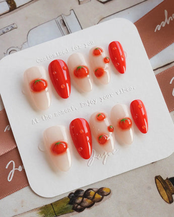 Icy Tomato bright garden nail art with dewdrops and orange-red gel fruit charms