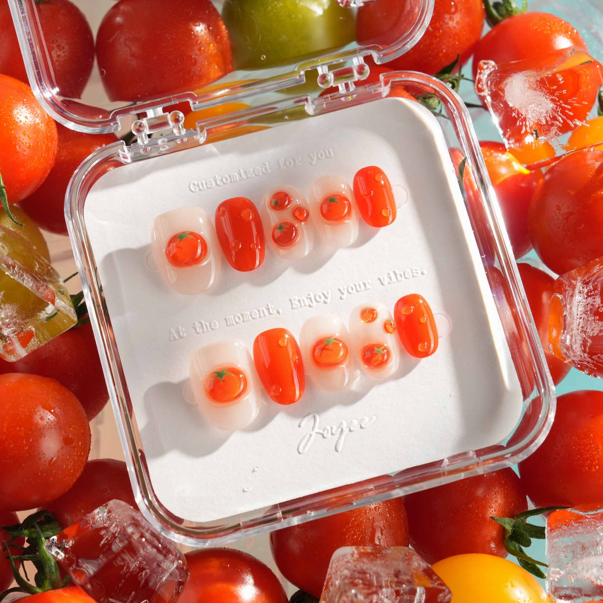 Tomato-themed short press-on nails with 3D fruit details 