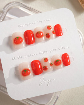 Icy Tomato playful tomato press-on nails with raised gel dewdrops