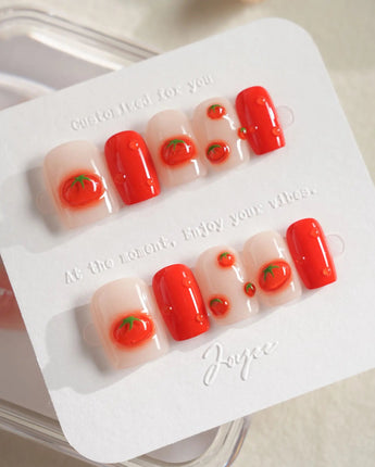 Icy Tomato clear jelly nail set with tiny red tomatoes and glossy water drops