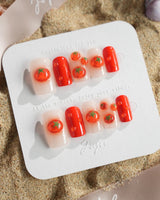 Icy Tomato extra short oval nail art with fresh tomato and dewdrop details