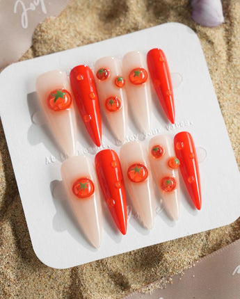 Icy Tomato custom press-on nails with crystal shine and playful tomato accents