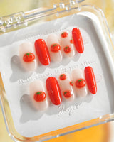 Icy Tomato crystal-clear press-on nails with tiny 3D tomatoes and dewdrop shine
