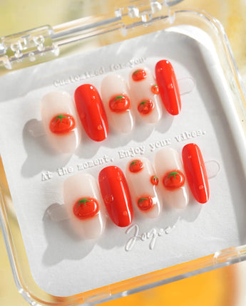 Icy Tomato crystal-clear press-on nails with tiny 3D tomatoes and dewdrop shine