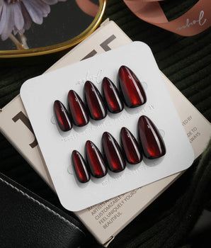 Inferno spotlight cat eye press on nails, near-black red with a long bright red magnetic glow - image 2