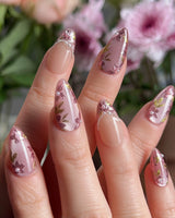 Falling Sakura press-on nails — Elegant Rosy Mauve, Hand-painted Blooms & Pearls. handmade nail art by Joyee Nails